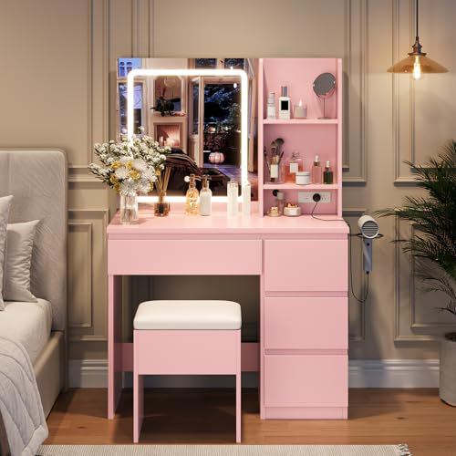 Bureau de coiffeuse avec miroir et lumières - Coiffeuse à maquillage moderne avec prises, tabouret de rangement, 4 tiroirs et support pour sèche-cheveux