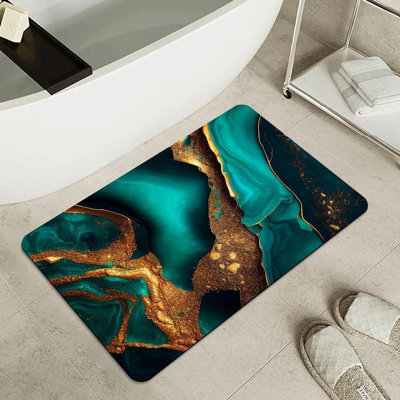Bath Mat-Bathroom Rug，Cyan and Gold Marble-Absorbent Non Slip Quick Dry Stain Resistant Easy to Clean Care Shower Rug for Bathtub Shower Room 20×31.5Inch (50 * 80cm)