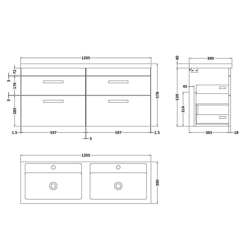 Athena 1205mm Double Bathroom Vanity with Integrated Polymarble Basin, Charcoal Black