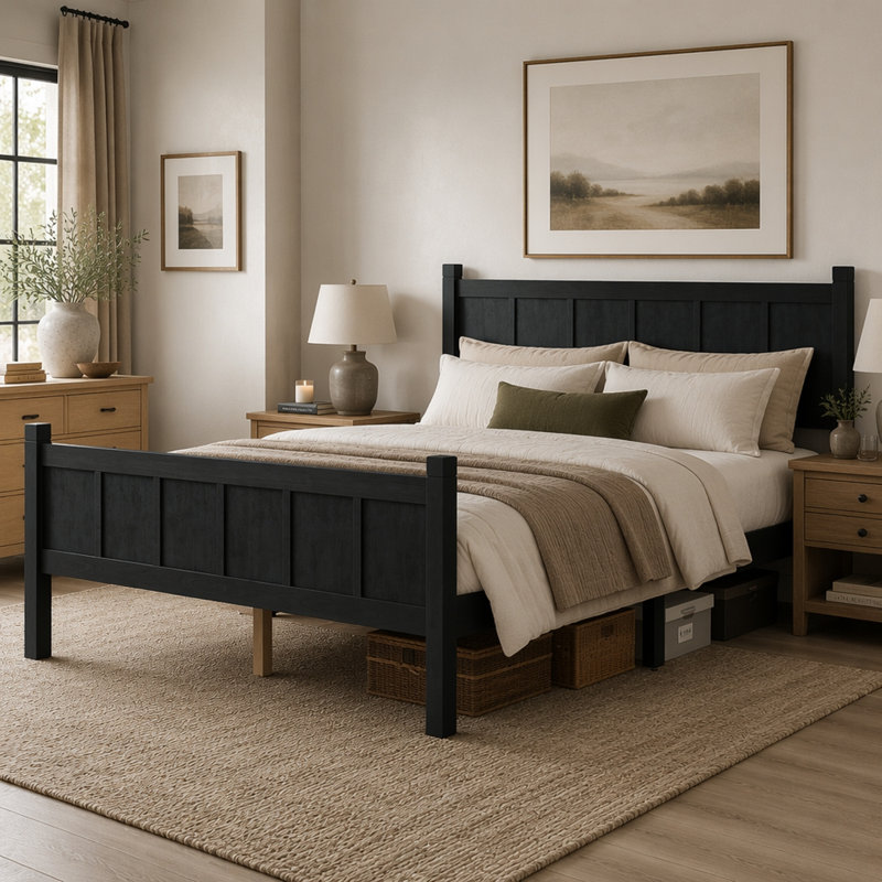 Lit plateforme en bois avec tête et pied de lit, Noir, Grand lit