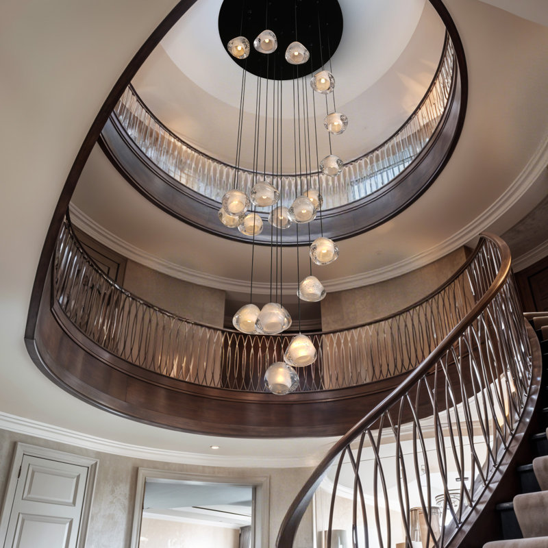 Lustre en cristal noir à 20 niveaux pour escaliers de salon Feinstein, H 2 po x l 23,6 po x P 23,6 po, Noir mat, 20 lumières
