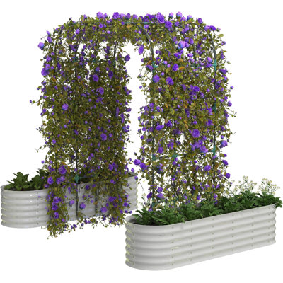 Galvanized Vertical Garden Kit–Tall Arch Trellis+Raised Planter Boxes Metal Raised Beds (White)