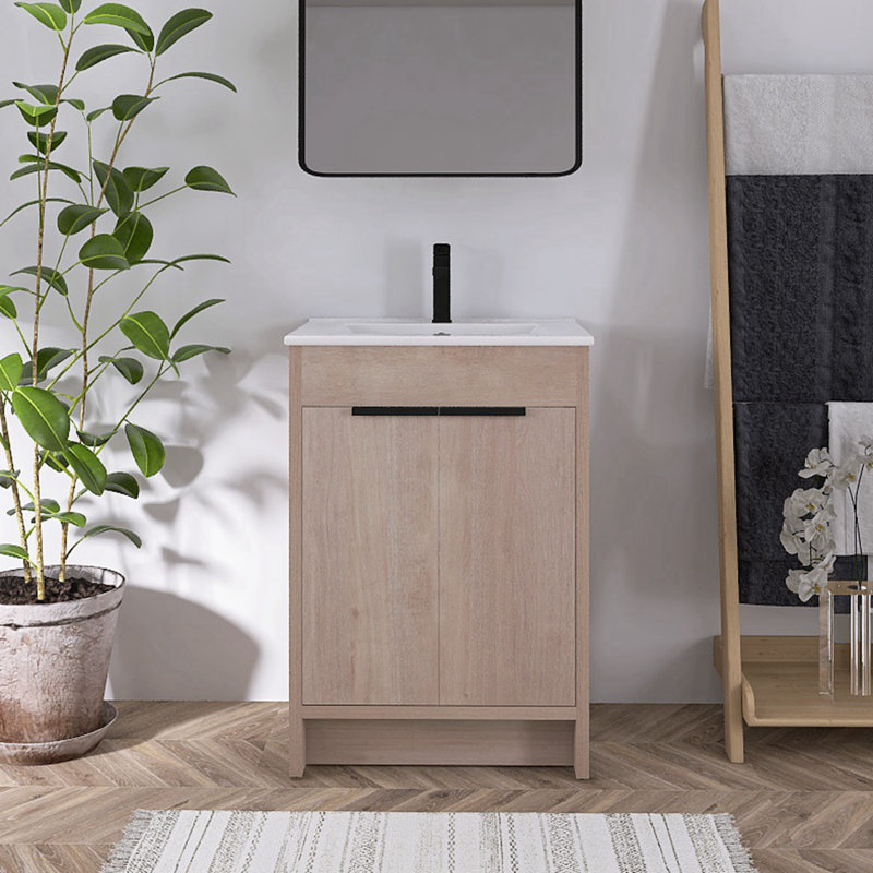 Allande 24 " W Free Standing Wall Mounted Single Double Single Vanity Bathroom Vanity With Ceramic Top, Light Oak