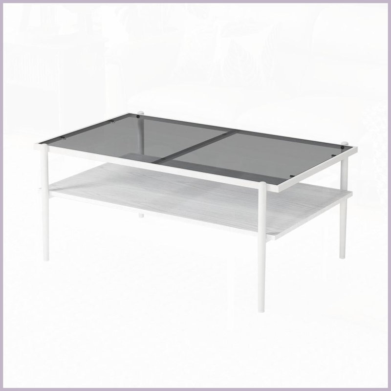 Contemporary Gray Tempered Glass Coffee Table with White Metal Legs, Easy-Clean &amp; 220lbs Capacity, White