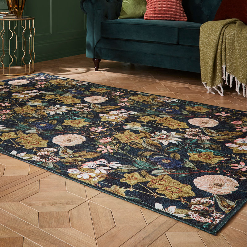Clarke & Clarke Floral Digitally Printed 61cm X 230cm Area Rug, Runner 61 x 230 cm, Blue
