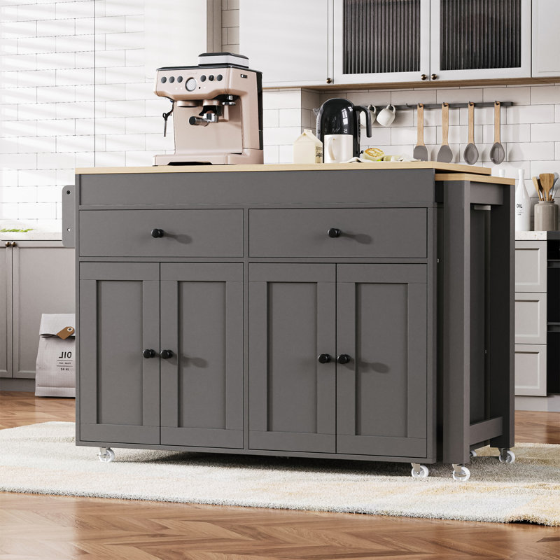 Îlot de cuisine 74,5 pouces avec table de salle à manger extensible, Gris