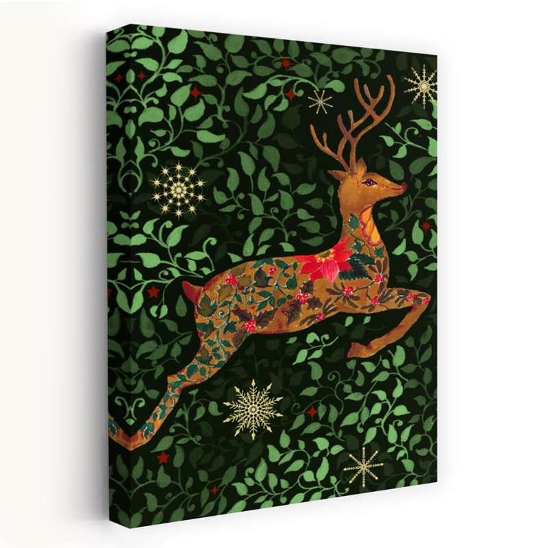 Cerf de Noël enchanté, élégant, abstrait et contemporain, forêt de poinsettias, nature, affiche murale, H 48 po x l 32 po
