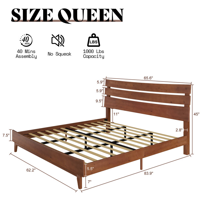 Lit plateforme à lattes en bois massif Camira, Grand, Walnut