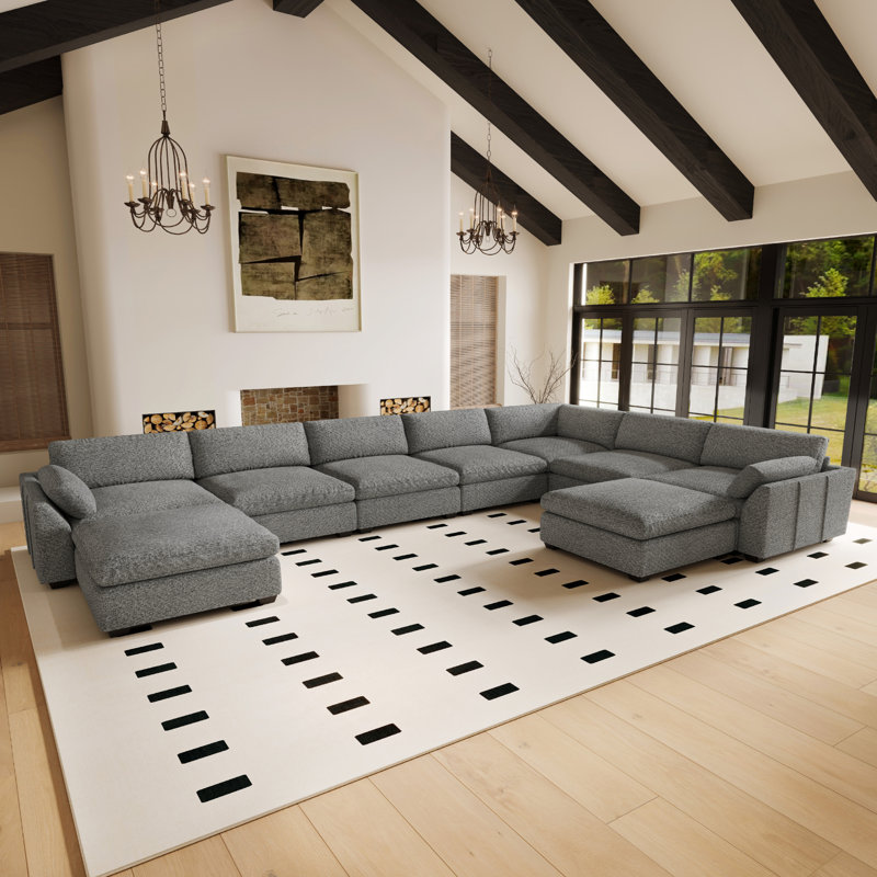Canapé modulaire en U imperméable Lavonia Chenille avec coussins en duvet et repose-pieds doubles, Light Grey Chenille