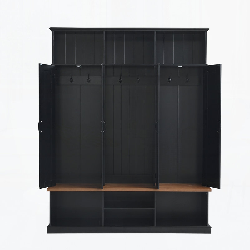 62.2"W Entryway Hall Tree with Bench, 3 Top Cubbies & Bottom Storage Space, Farmhouse Coat Rack with Hooks & Cabinets for Entryway, Hallway, Mudroom, Living Room