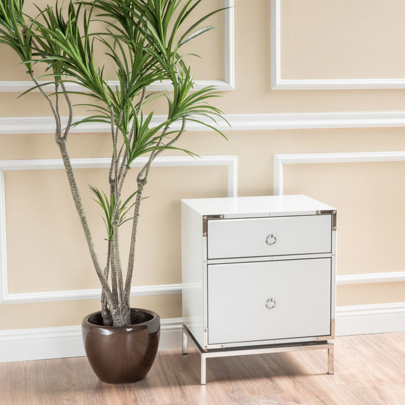 Modern White End Table, Nightstand With Drawer & Cabinet, Elegant 2-Drawer Nightstand With Silver Mirrored Edge And Legs, Round Ring Handle,  Suitable For Small Place Living Room Bedroom