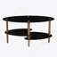 Table basse ovale noire en verre, table moderne avec pieds en chêne