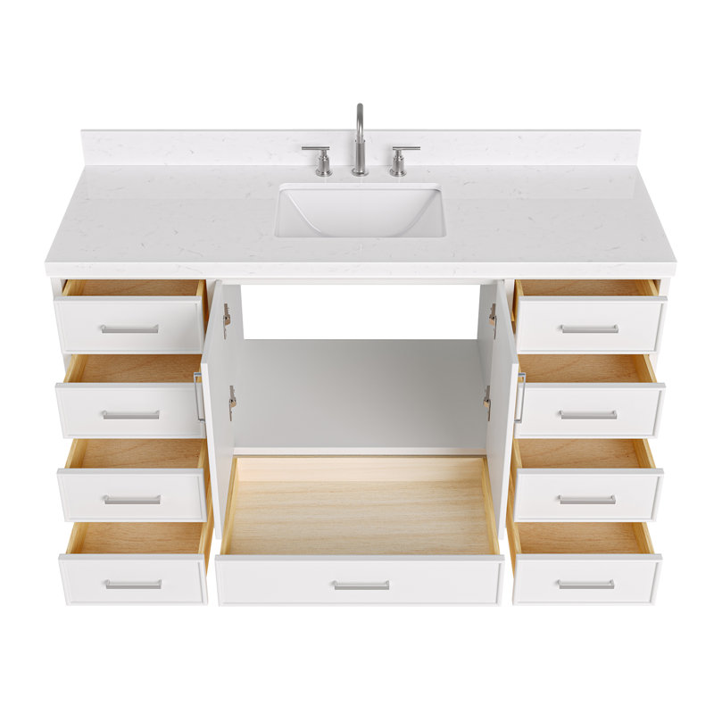 60.25'' Single Bathroom Vanity with Carrara Quartz Top, Brushed Nickel, White