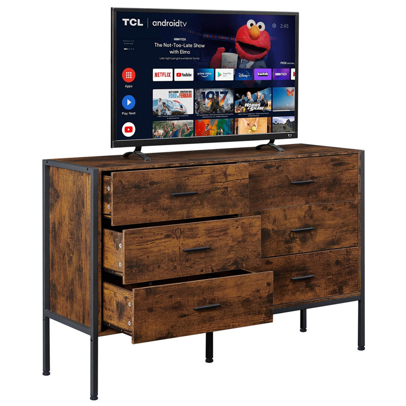 Commode en bois rustique avec 6 tiroirs, large meuble télé brun de 48 po avec rangement, 48,5 po x 15,7 po x 31 po