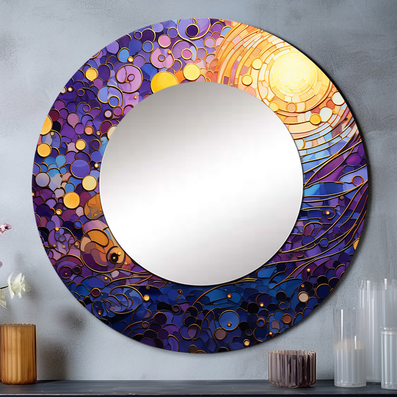 Mystic Mosaic I - miroir mural décoratif abstrait, collage mauve, art imprimé en métal, 29 po x 29 po, Rond