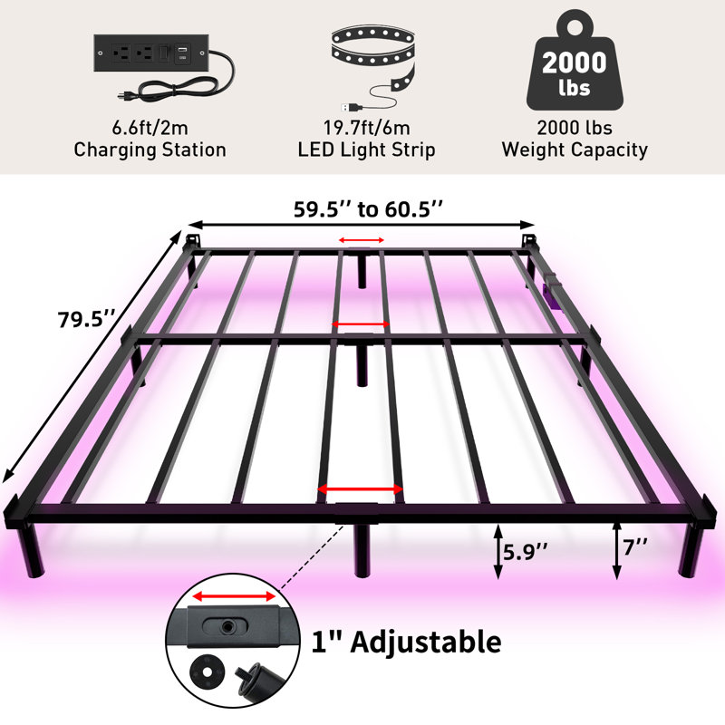 Stochmal 7'' Expandable Steel Bed Frame with LED Lights, Noiseless Tool-Free Easy Assembly, No Boxspring Needed, Queen