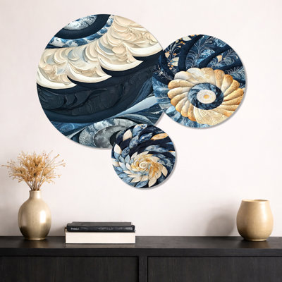 Coquillage côtier en spirale de l'océan - Paysage marin 3 pièces, art mural en métal