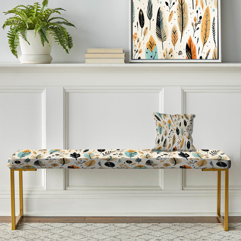 Botanical Upholstered Gold Bench, Rustic Bohemian Boho Pattern