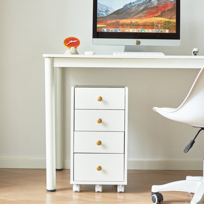  White Wood 4 Drawer Nightstand, Home Office Cabinet with Removable Casters, Living Room End Table with Glass Top Panel, Bachelor Dresser