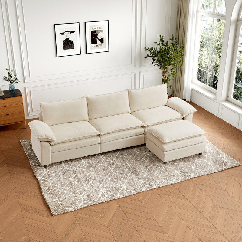 113.58" Chenille Upholstered Sofa, Comfy Cloud Couch with Ottoman, Beige