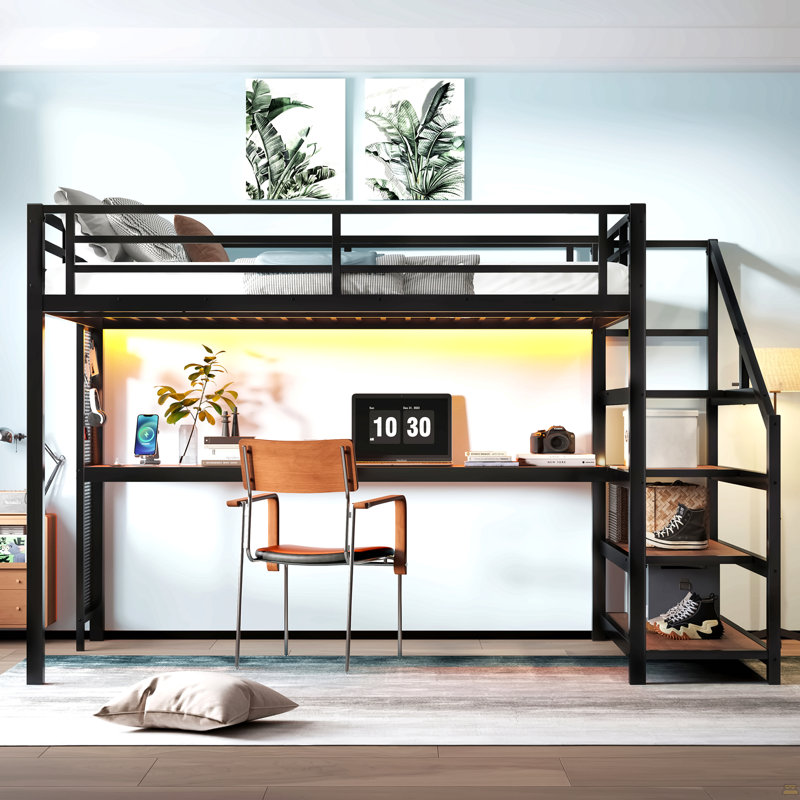 Grand lit mezzanine avec bureau et escalier de rangement, lits mezzanine en métal avec lumières DEL, ports USB, Grand lit