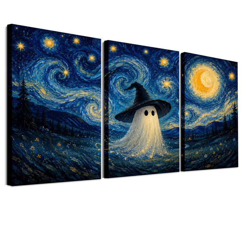 Ensemble de 3 toiles murales représentant un fantôme avec un chapeau de sorcière noir sur fond bleu, idéal pour l’Halloween.