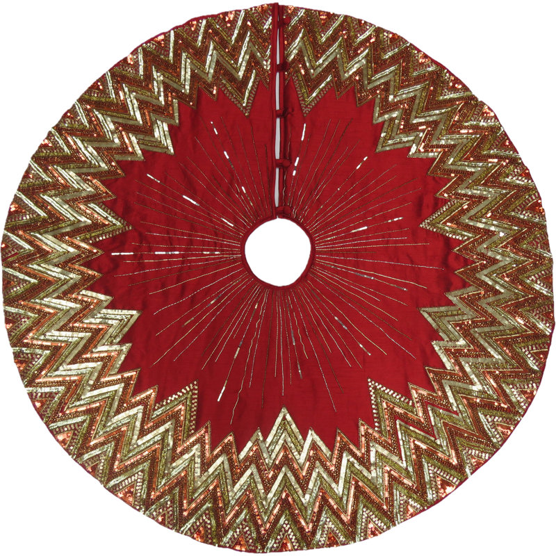 Handmade Garnet Red and Gold Beaded Christmas Tree Skirt