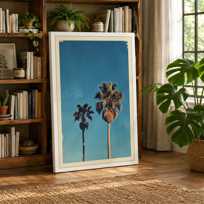 Palm Study in Teal Vintage - Wrapped Canvas, 36x24 - 91.4 x 61.0 cm, Terracotta Border