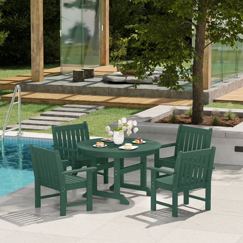 Poly 5-Piece Round Table Garden Arm Chair Dining Set, Green