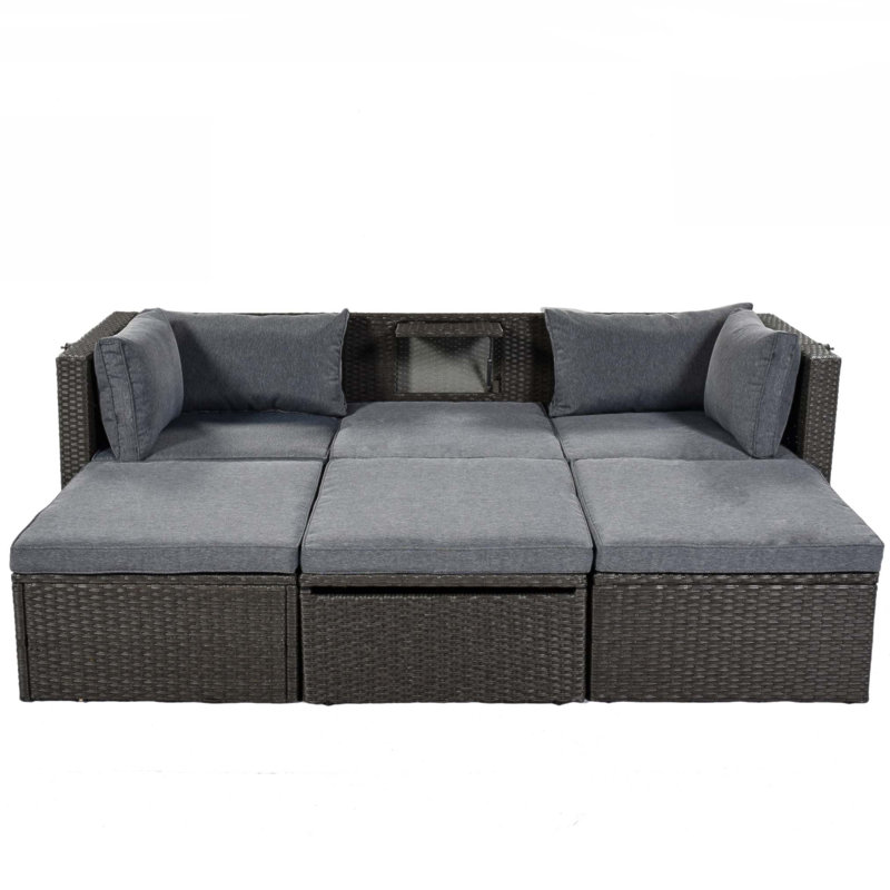 Outdoor Patio Rectangle Daybed with Retractable Canopy, Wicker Furniture Sectional Seating with Washable Cushions for Backyard and Porch