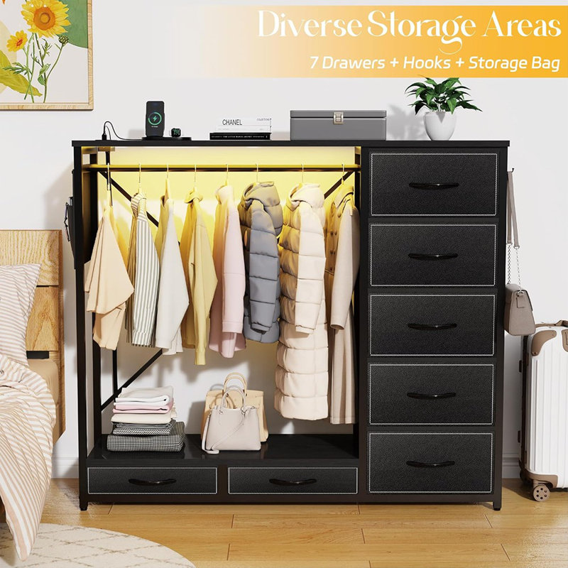 Commode avec support suspendu, commode pour chambre à coucher avec lumières à DEL et station de charge, coffre de rangement à 7 tiroirs avec crochets et poches latérales, noir