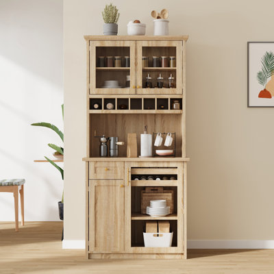 Buffet Farmhouse autoportant avec huche, 35,4 x 17,7 x 74,8 pouces, tablettes réglables, support à vin et portes en verre trempé pour un rangement élégant