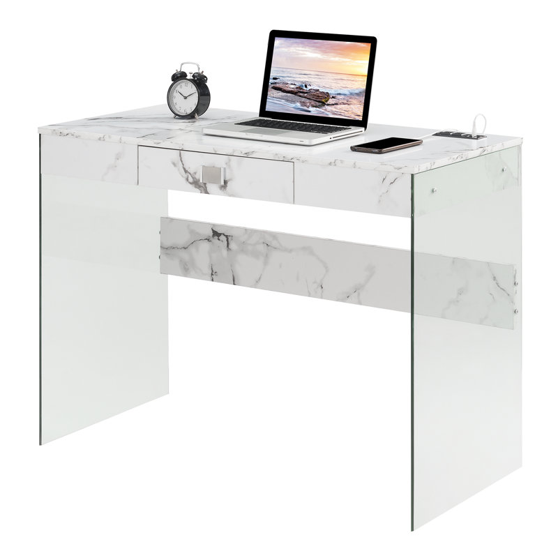 Bureau d'ordinateur avec prises Allegonda, Faux marbre blanc, L 20 po x P 42 po
