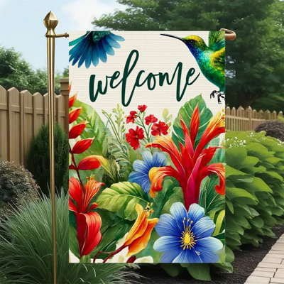 Tropical Hummingbird Welcome Watercolor, Double Sided Decorative Flag, 12" X 18"