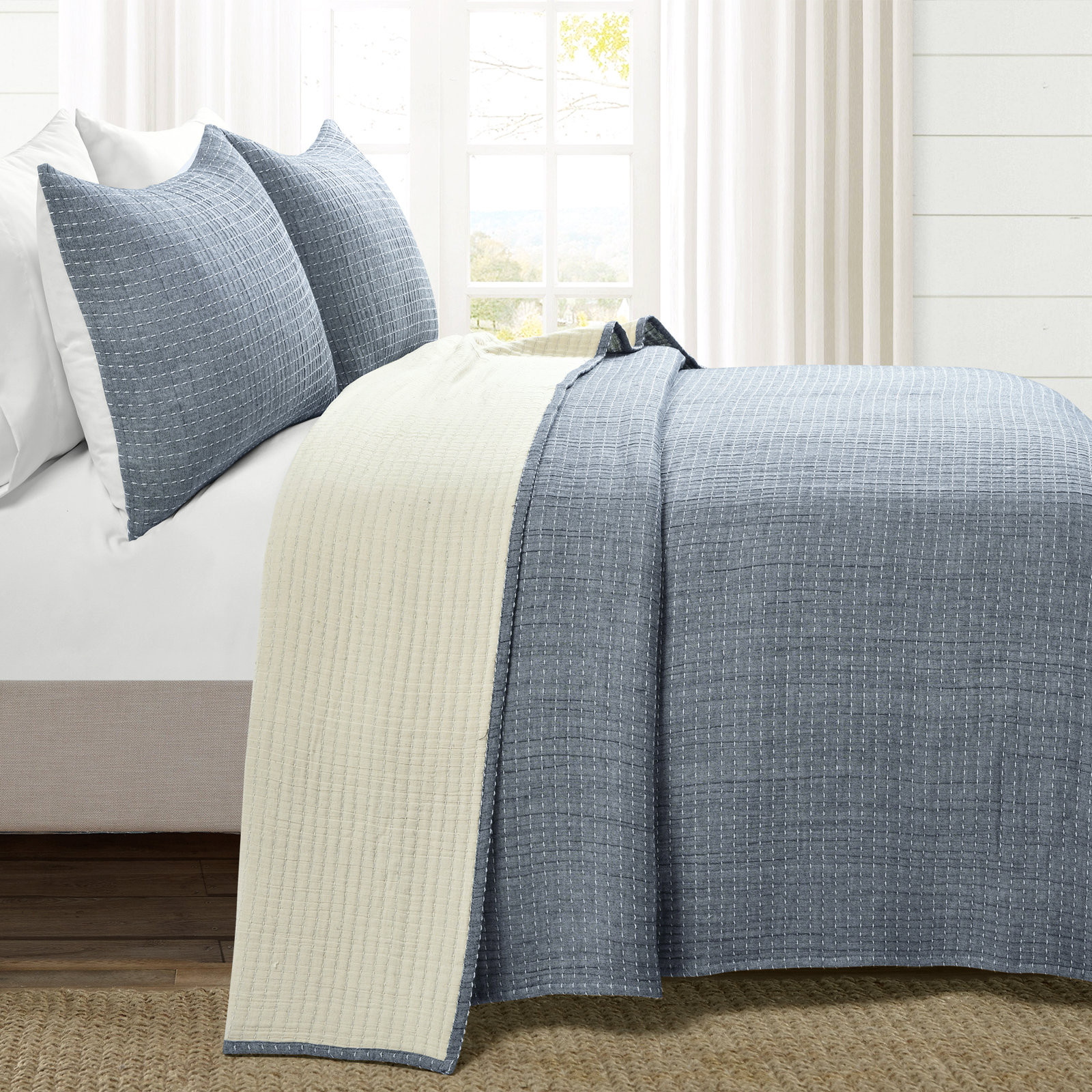 Cotton Quilt Set, Blue, King Quilt + 2 Shams 