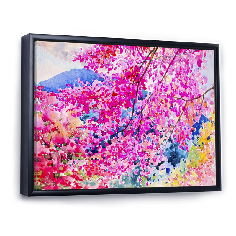 «Pink Cherry Blossom Tree V», reproduction sur toile flottante, H 8 po x l 12 po x P 1 po, Cadre flottant noir