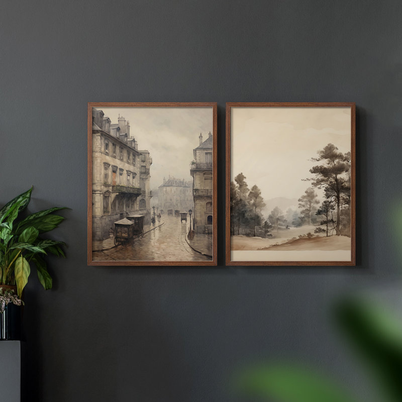 «Vintage Landscape», impression de giclée encadrée - ensemble de 2, Noyer, H 23 po x l 58 po