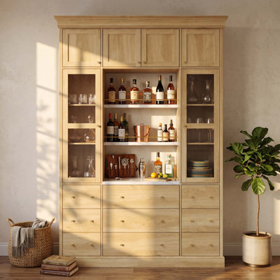 Grande armoire à vin 94,5 "avec vitrine, porte-bouteilles et 9 tiroirs