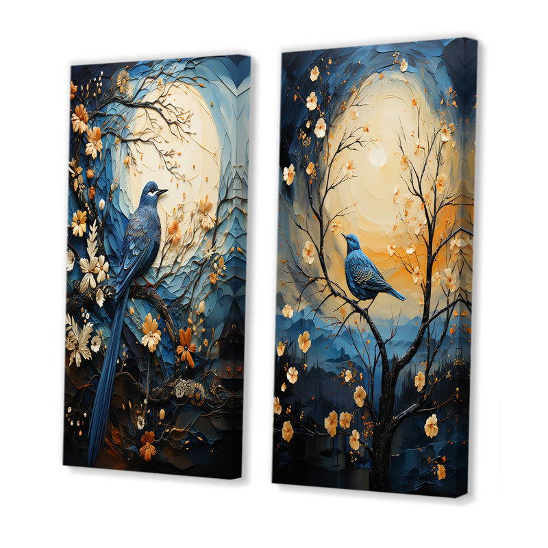 Ensemble de 2 décorations murales Springime Blue Bird Singing Blooms I - Bird, H 28 po x l 25 po, Toile tendue