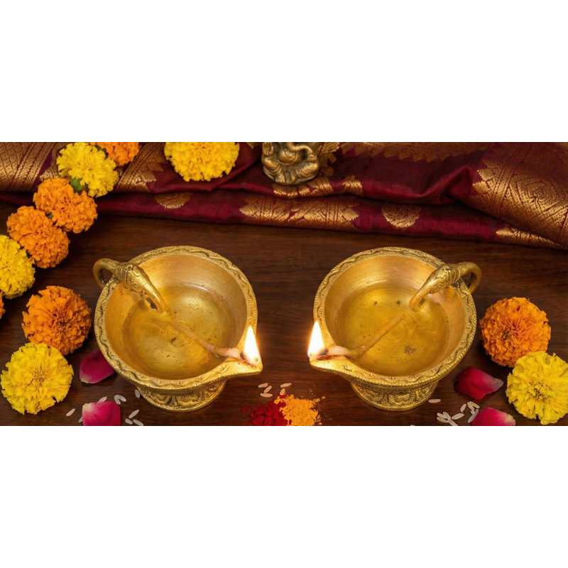 Pair of Brass Diya Oil Lamps with Elephant Handle | Handmade Traditional Indian Puja Room Decor | Set of 2 Decorative Candle Holders for Altar & Home