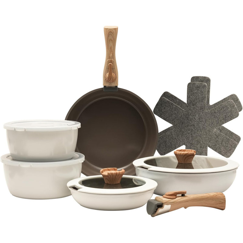 Pots And Pans Set Non Stick, Taupe Pots And Pans Set, 13PCS Aluminium Oven Safe Cookware Set, PTFE/PFAS/PFOA Free, Non Stick Pots And Pan Set Detachable Handle
