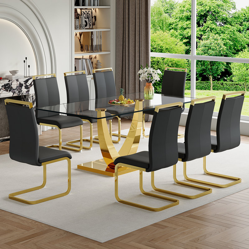 Ensemble de table de salle à manger en verre, Noir, noir, noir, noir, 9