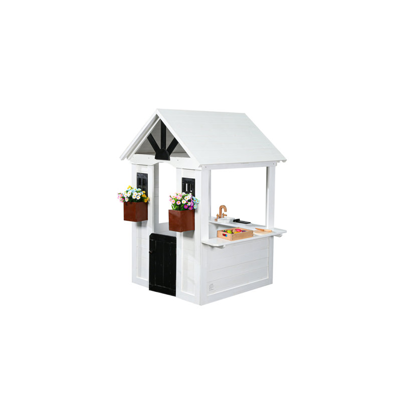 Ajure White and Black Cedar Wood Playhouse with Kitchen and Garden