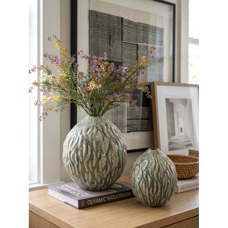 Vase décoratif en céramique marbré D6.5x7.5 "- Ambre et gris anthracite