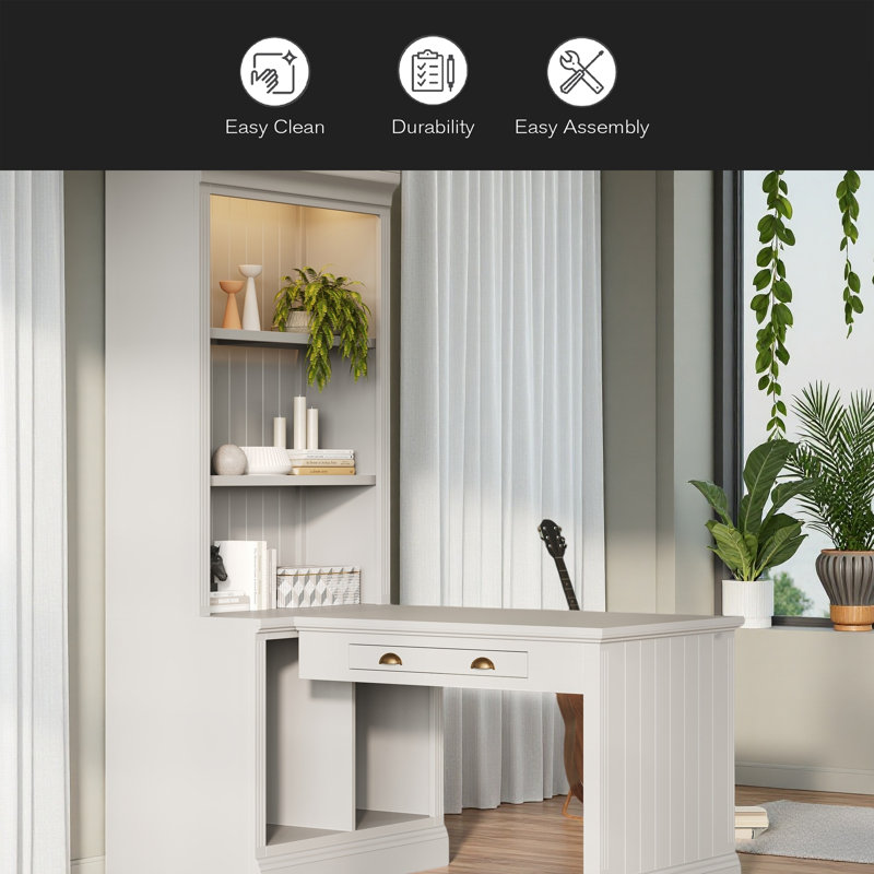 83.4"Tall Bookshelf With Writing Desk, Modern Bookcase With Study Desk, Workstation With Storage Shelf,Storage Bookcase With Open Shelves And LED Lighting For Living Room,Home Office,White