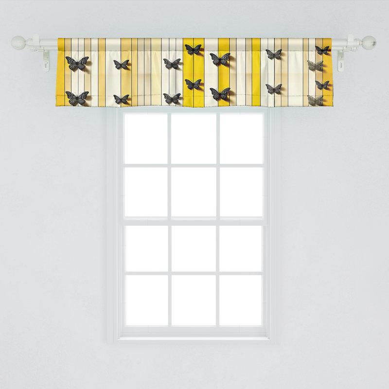 Mustard Grey Yellow Butterfly Striped Satin Rod Pocket Valance
