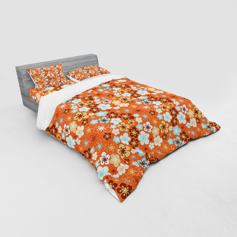 Ensemble de housse de couette en microfibre bleu ciel / orange / brun, Housse de couette grand + 3 pièces supplémentair