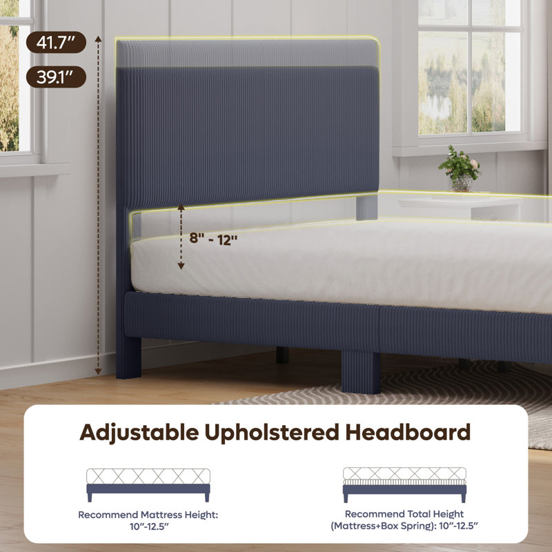 Corduroy Upholstered Platform Bed with Channel-Tufted Headboard, Modern Queen Bed Frame with Soft Padded Edges and Ambient LED