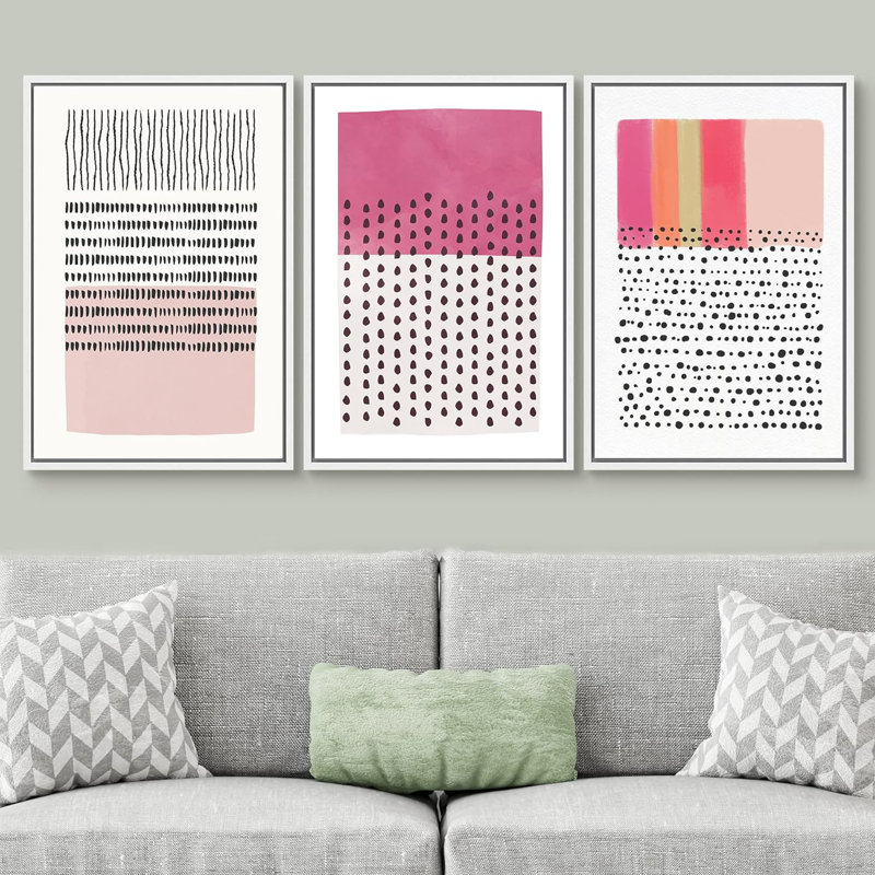 Abstrait blocs de couleurs vibrantes, collage de blocs de couleurs géométriques roses, impression sur toile, 3 pièces, White