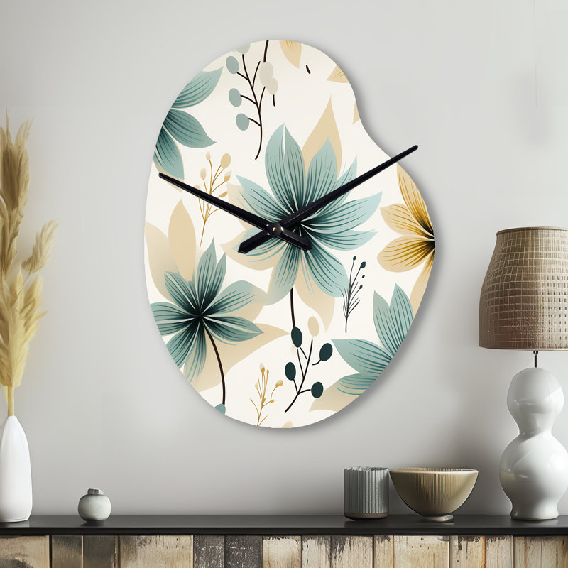 Motif floral élégant bleu sarcelle et beige - Horloge murale asymétrique florale en métal, impression d'horloge murale sarcelle